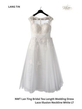 NWT Lan Ting Bridal Tea Length Wedding Dress Lace Illusion Neckline White LT